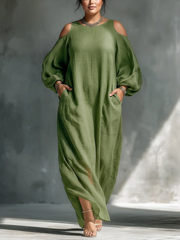 Anika - Robe Longue Épaules Dénudées Manches Bouffantes - Vert